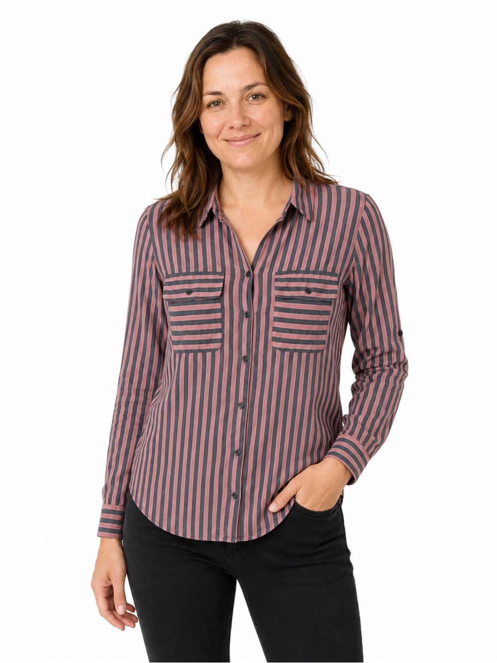 Express The City Shirt Y2K Pink Gray Stripe Button Down XS 2000s